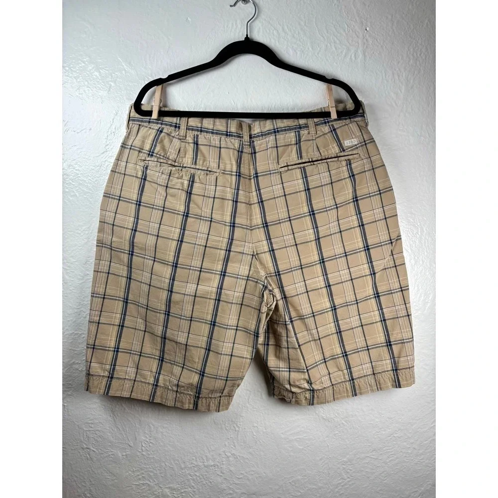 IZOD Plaid Chino Shorts Mens 38 Tan Grey Cotton Flat Front‎ 10